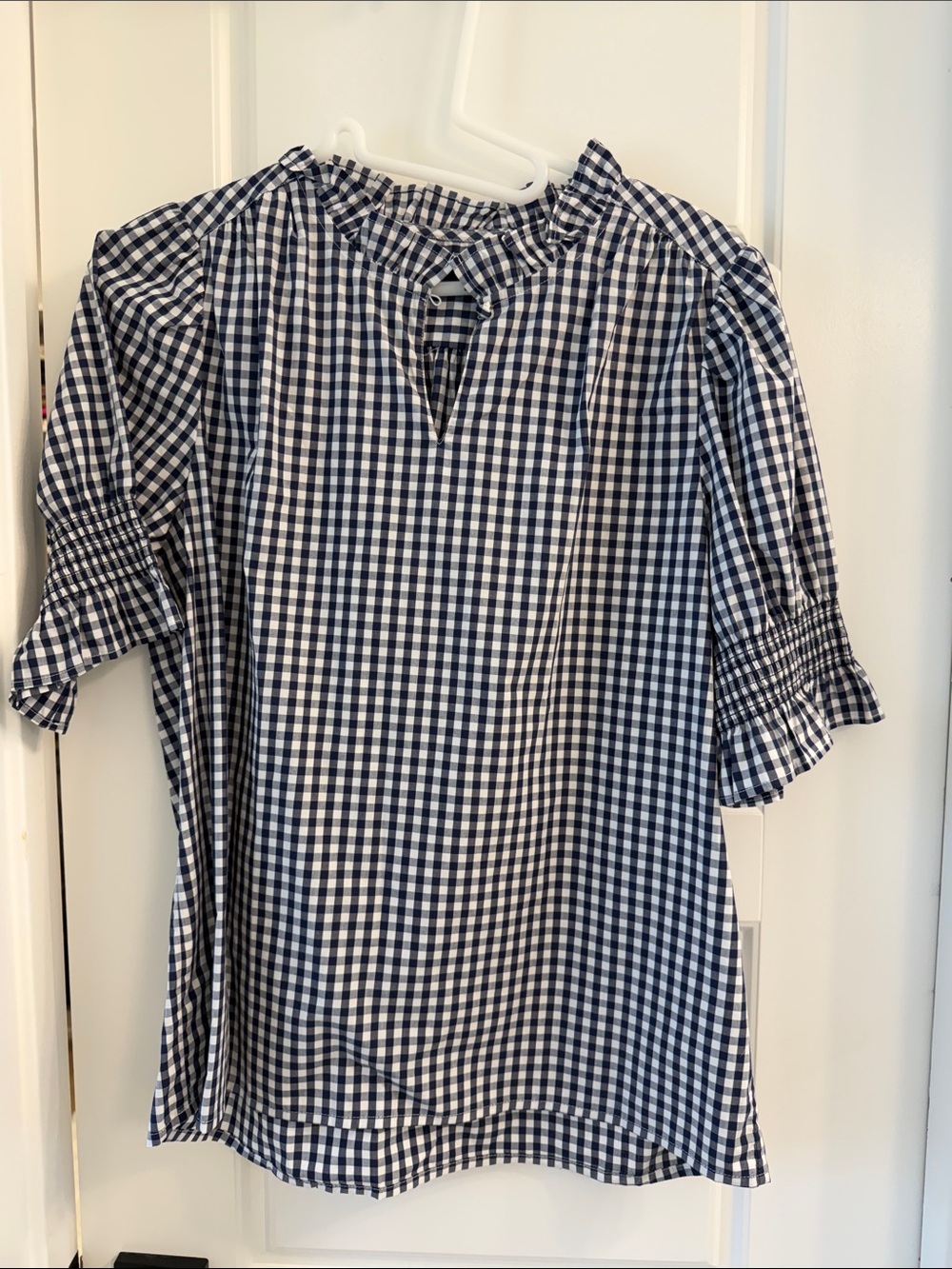 J Crew Women's Navy and White Gingham Ruffle Neck Top, S, never worn